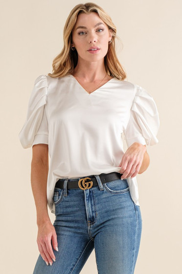 And The Why Plain Satin Puff Shirring V Neck Blouse Top