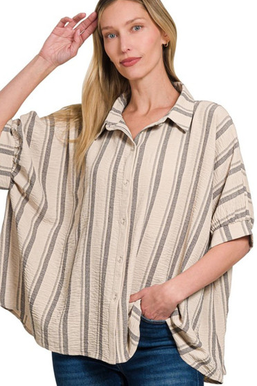 Zenana Woven Yarn-Dye Stripe Oversized Button Down Shirt