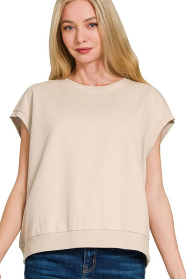 Zenana French Terry Round Neck Cap Sleeve T-Shirt