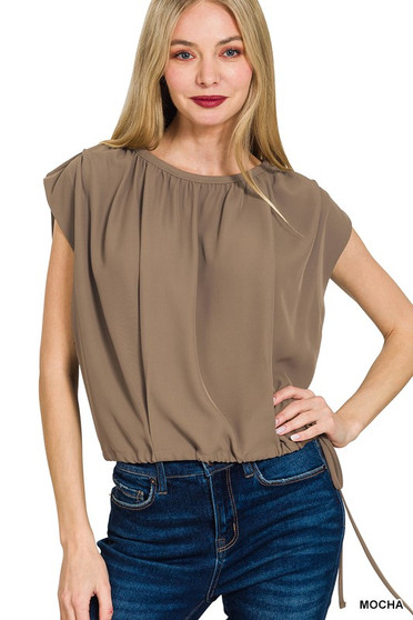 Zenana Woven Drawstring Tie Side Sleeveless Top