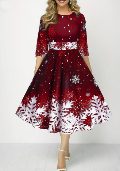 Christmas Women Snowflake Print Half-Sleeve Dress