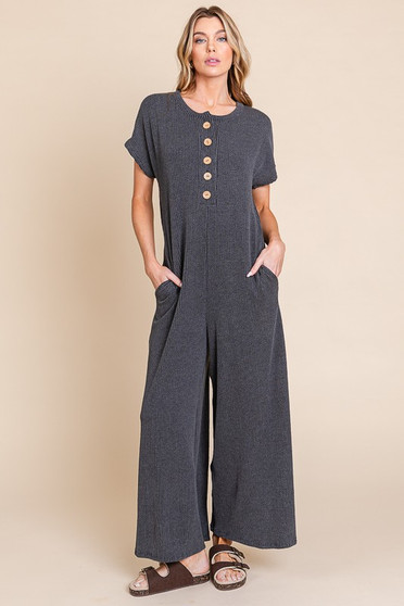 BOMBOM Rib Knit Jumpsuit with Button Detail