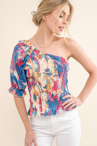 And The Why Allover Floral Print Smocked One Shoulder Blouse