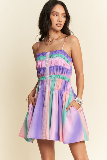 Davi & Dani Multi Color Ombre Printed Bodice Button Up Dress