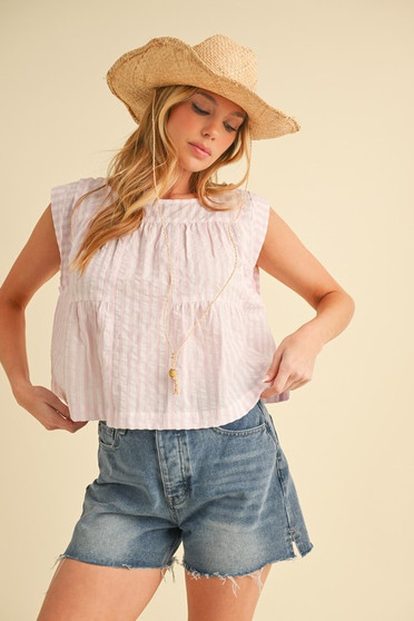 Aemi+Co Ruched Striped Round Neck Sleeveless Top