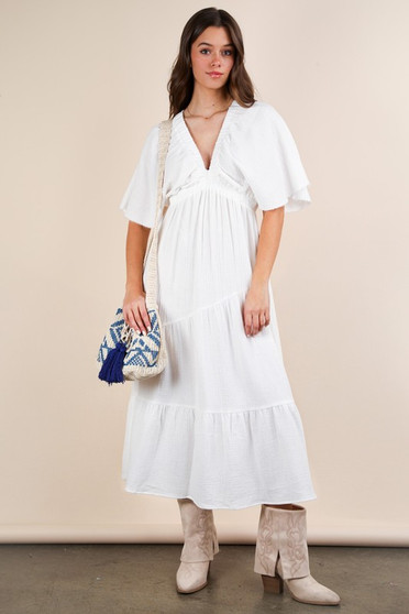 VERY J Mineral Washed Elastic Neck Detail Midi Dress