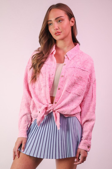 VERY J Full Size Mineral Washed Gauze Shirt Top Plus Size