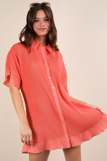VERY J Pleated Detail Button Down Mini Dress