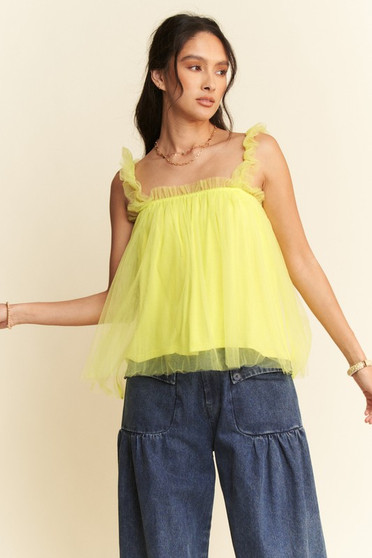 Davi & Dani Shirred Ruffle Strap Tulle Babydoll Top