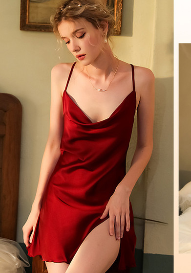 autumn and winter solid color satin straps Slit nightdress sexy V-neck pajamas women's home wear