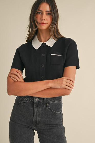 MABLE Button Down Contrast Collared Knit Cardigan