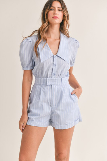 MABLE Striped Puff Sleeve Collared Neck Romper
