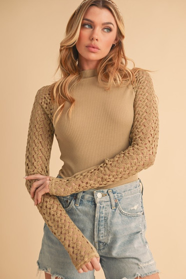 Aemi+Co Mock Neck Ribbed Knit Top with Crochet Sleeve
