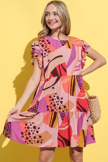 And The Why Printed Double Ruffles Sleeve Dress
