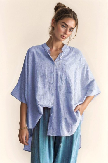 Davi & Dani Rhinestone Pleat Back Short Sleeve Loose Fit Shirt