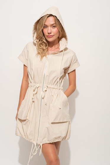 And The Why Short Sleeve String Details Hooded Mini Dress