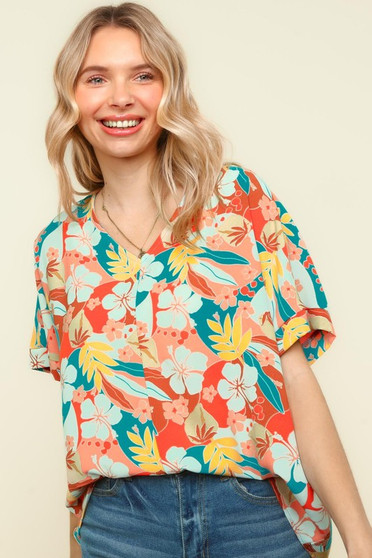 Haptics V Neck Drop Shoulder Hawaiian Woven Top