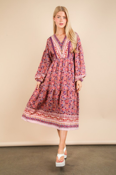 VERY J Floral Printed Boho V-Neck Balloon Sleeve Dress