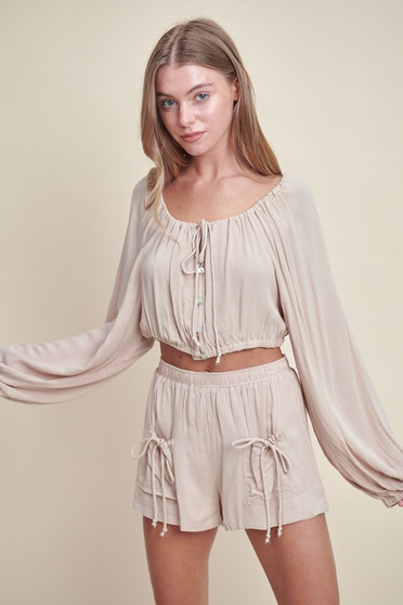 MABLE Gauze Long Sleeve Button Crop Top and Short Set