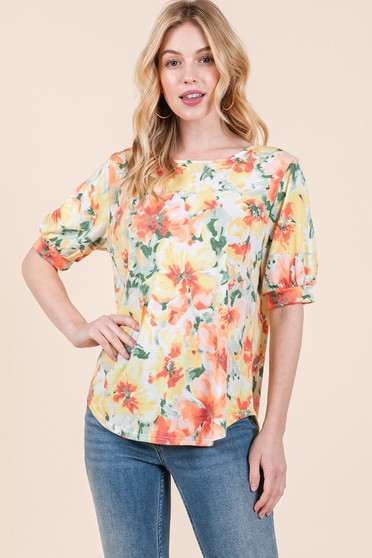 BOMBOM Floral Round Neck Puff Sleeve Top