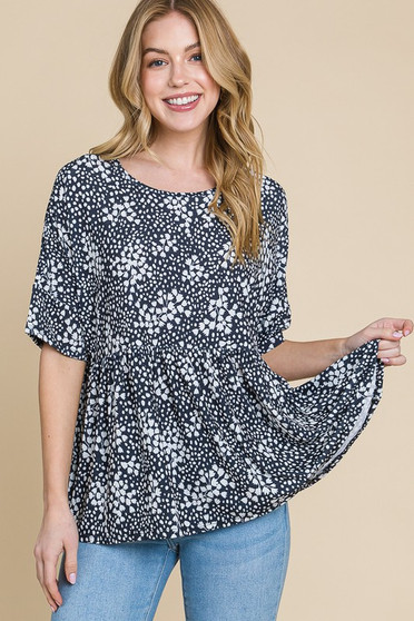 BOMBOM Floral Round Neck Peplum Blouse