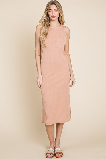 BOMBOM Ribbed Knit Sleeveless Midi Dress