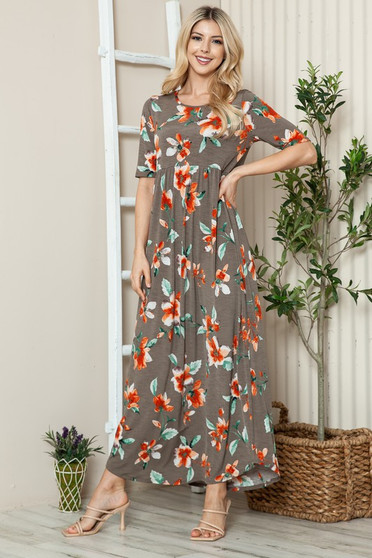 BOMBOM Floral Round Neck Short Sleeve Maxi Tee Dress