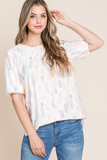 BOMBOM Round Neck Puff Short Sleeve Blouse