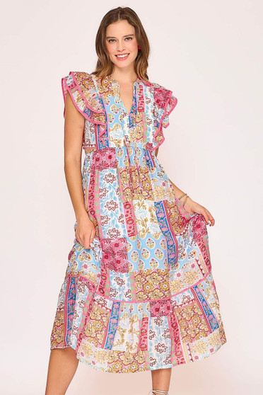 Umgee Full Size Tie Neck Double Layered Ruffle Sleeve Midi Dress Plus Size