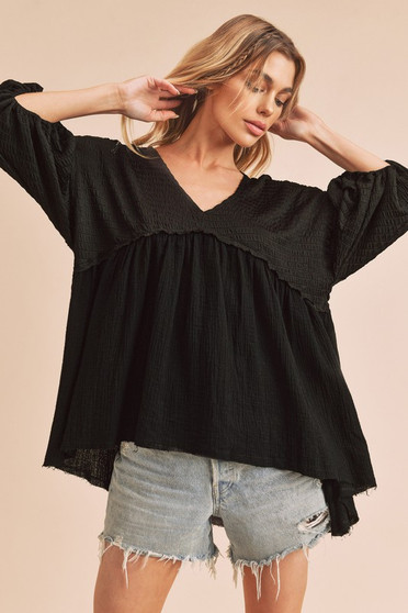 Aemi + Co High-Low Frayed Hem V-Neck Blouse