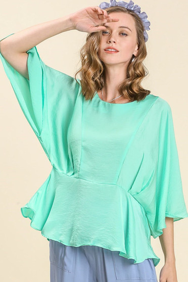 Umgee Full Size Satin Pleated Peplum Round Neck Blouse Plus Size