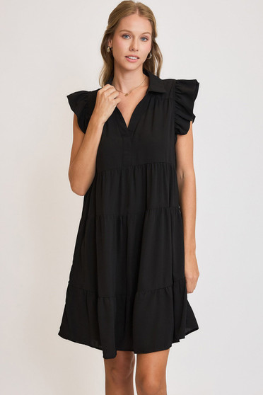 Umgee Full Size Johnny Collar Ruffle Cap Sleeve Tiered Dress Plus Size