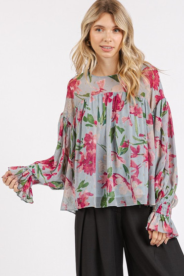 Mittoshop Floral Round Neck Flounce Sleeve Blouse
