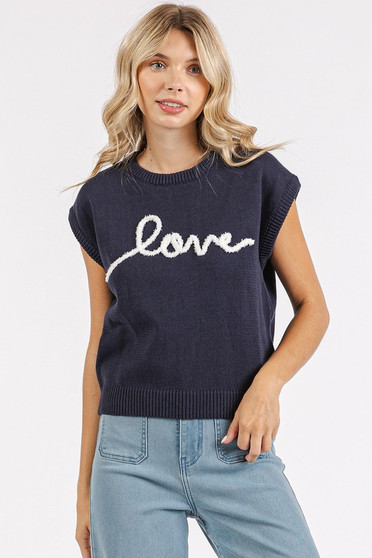 Mittoshop Contrast Letter Round Neck Cap Sleeve Knit Top