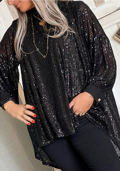 Women'S Fashion Black Sequin Back Lace-Up Baggy Top