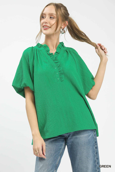 Umgee Puff Sleeve Ruffle Neck Tunic Blouse