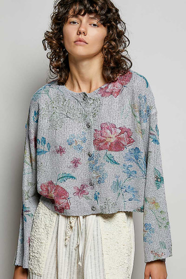 POL Floral Print Button-Down Knit Cardigan