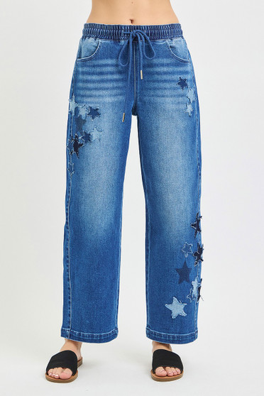 RISEN Elastic Band Slouchy Cropped Barrel with Star Patch