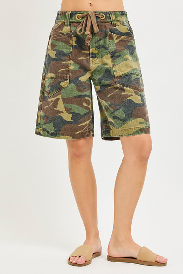RISEN Camo Print Slouchy Jorts with Eyelet Drawstring