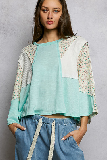 POL Exposed Seam Floral Patchwork Round Neck Textured Slub Knit Top