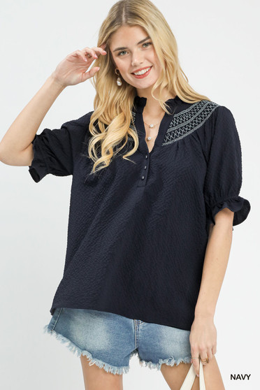 Umgee Textured Henley Blouse with Ruffle Cuffs