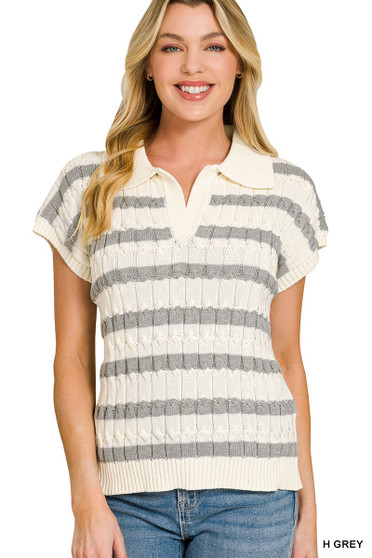 Zenana Textured Stripe Collared Sweater Vest