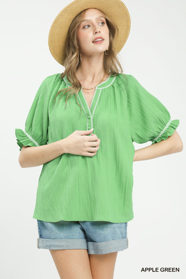 Umgee Textured Split Neck Puff Sleeve Top