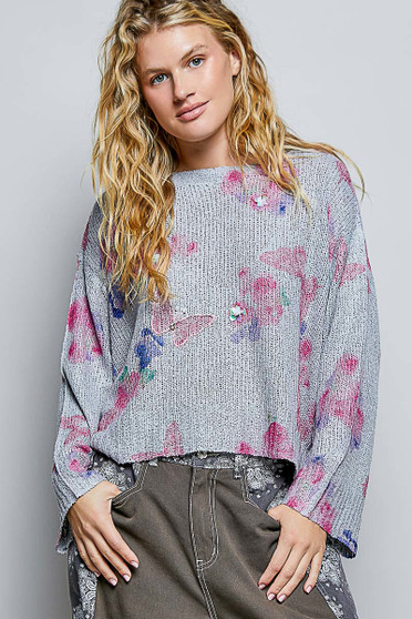 POL Ribbed Butterfly Print Round Neck Knit Top