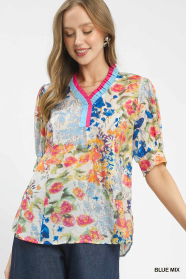 Umgee Floral Contrast Pleat Neck Top