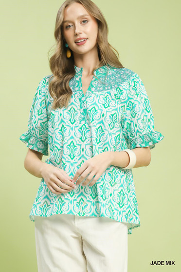 Umgee Mix Boho Puff Sleeve Smocked Top