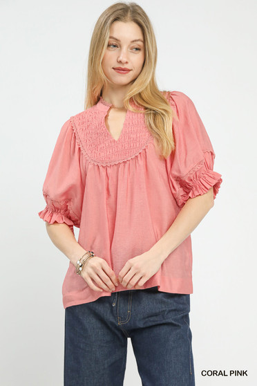 Umgee Smocked Yoke Blouse with Ruffle Sleeves