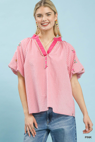 Umgee Embroidered Stripe Top