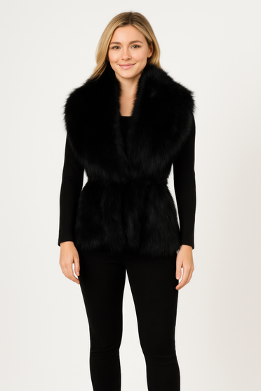 Black Sleeveless Faux Fur Vest With Cinched Waist