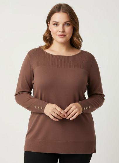 Mocha Button Cuff Ribbed Knit Tunic Top​